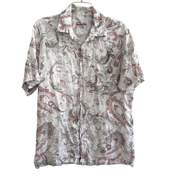 Tasso Elba 100% Linen Shirt Button Up Short Sleeve Pastel Paisley L - Picture 1 of 7